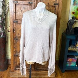Ecru Cream Cotton blend with Suede Fringe Poncho Tunic V-neck Sweater One Size
